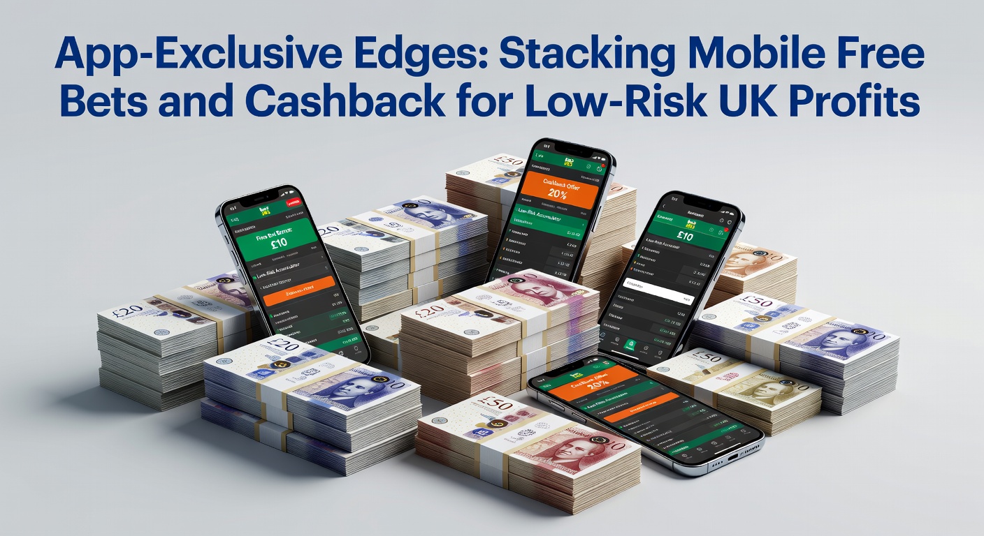 Infographic showing stacked betting promotions on a mobile device, with arrows illustrating free bets converting to cashback and low-risk profit flows