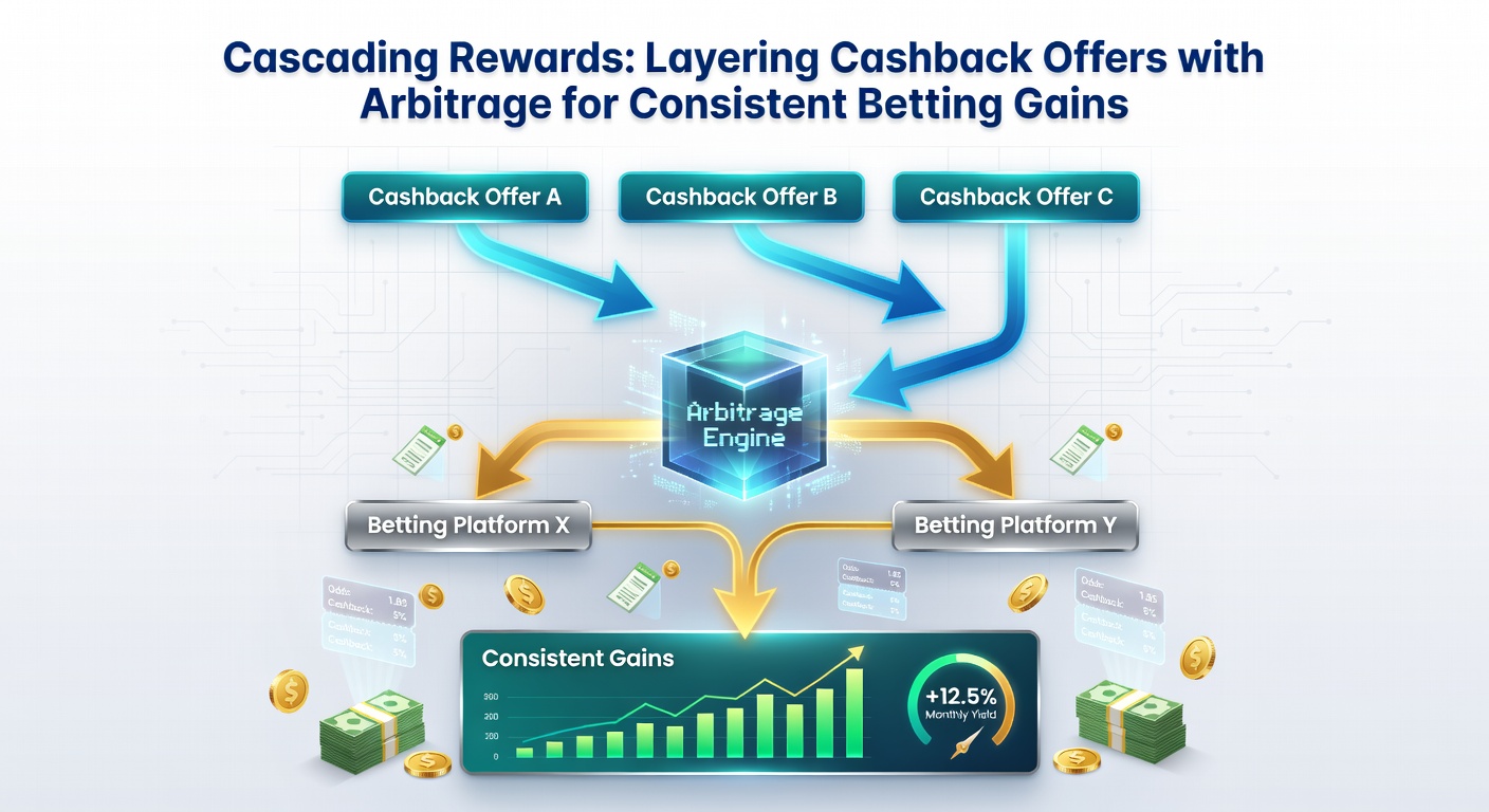 Step-by-step infographic illustrating cashback rebates cascading onto arbitrage profits in a betting sequence