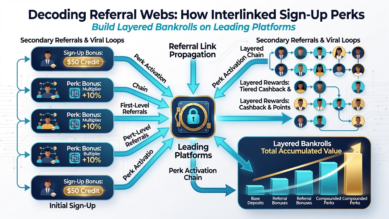 Illustration of layered bankroll growth through successive referral activations on connected platforms