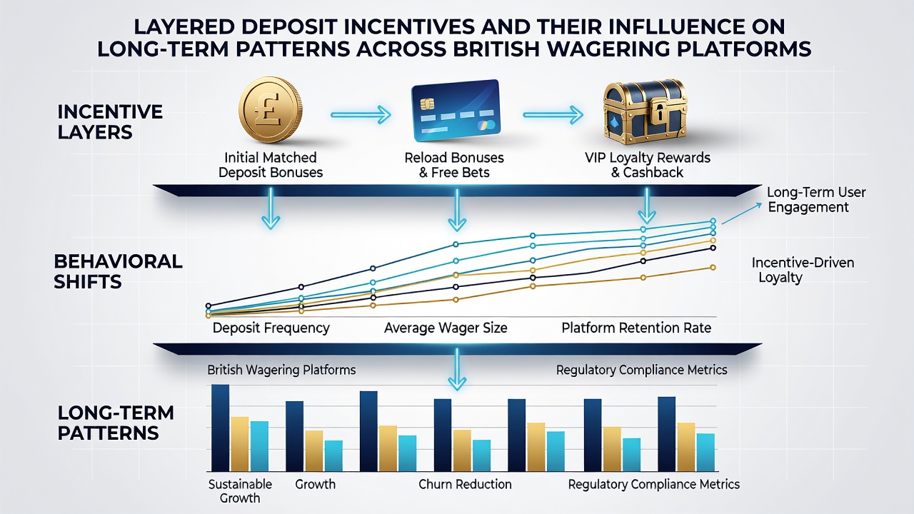 Data visualizations of deposit frequency trends and retention rates on UK betting sites using layered incentives