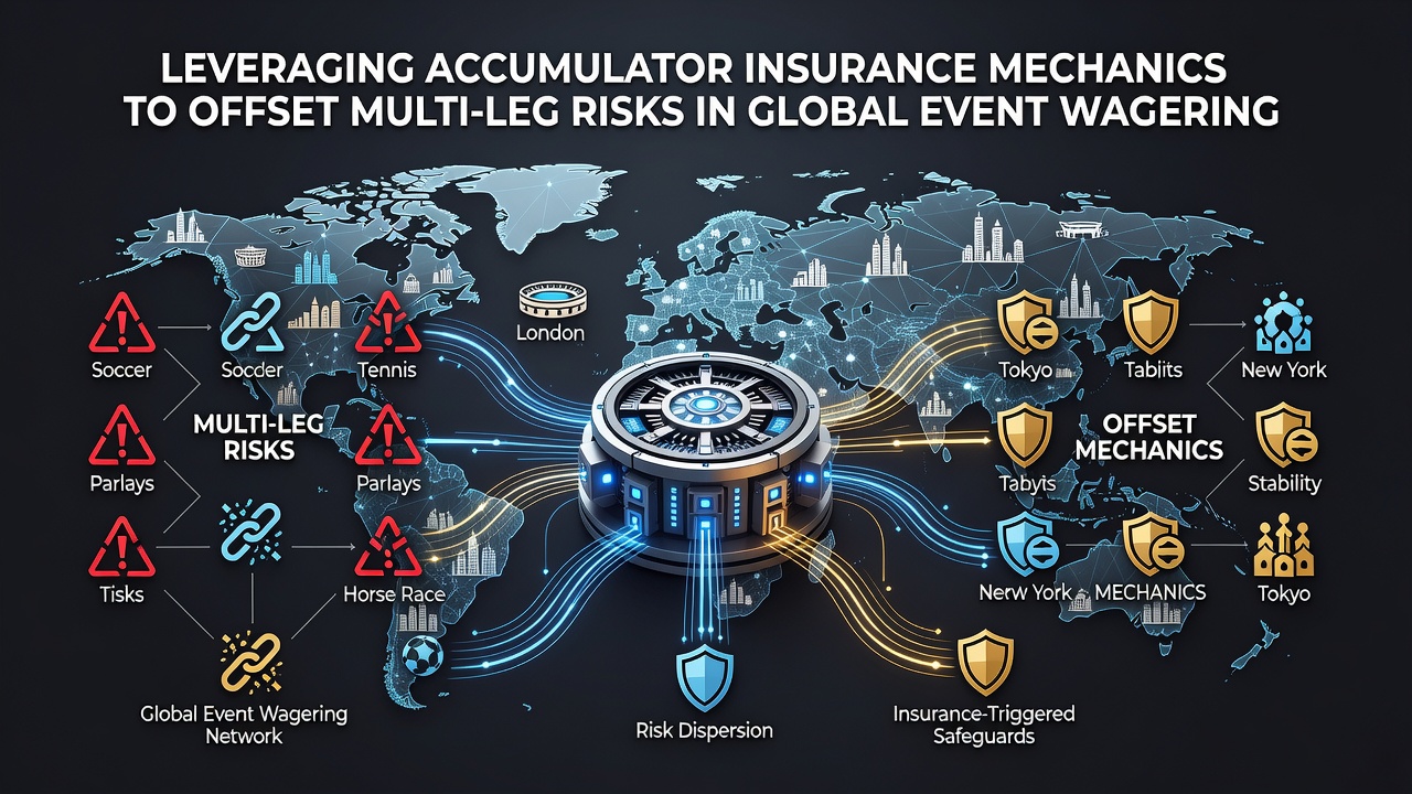 Global event wagering dashboard displaying accumulator insurance application across international markets