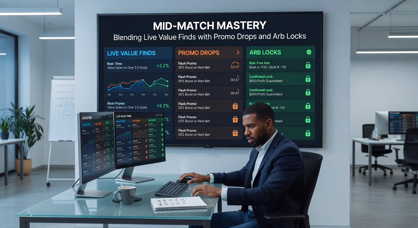 Screenshot of a bookmaker app notifying a mid-game promo drop, with overlaid odds comparison for arb potential
