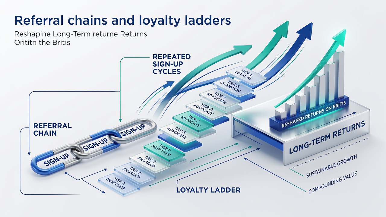 Diagram showing loyalty ladder tiers alongside multiple sign-up pathways and return projections for British platforms