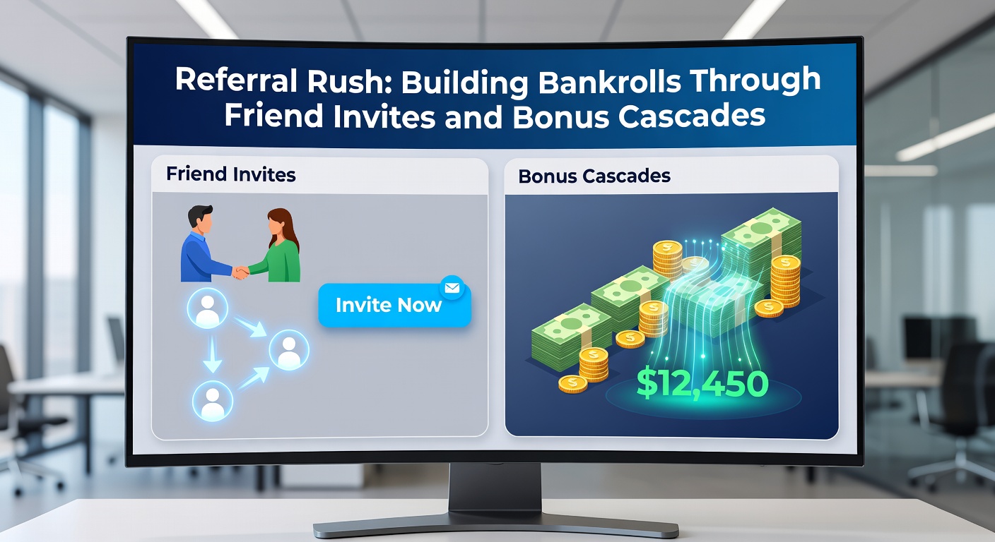 Network diagram illustrating referral cascades with branching friend invites leading to stacked bonus icons and growing bankroll figures