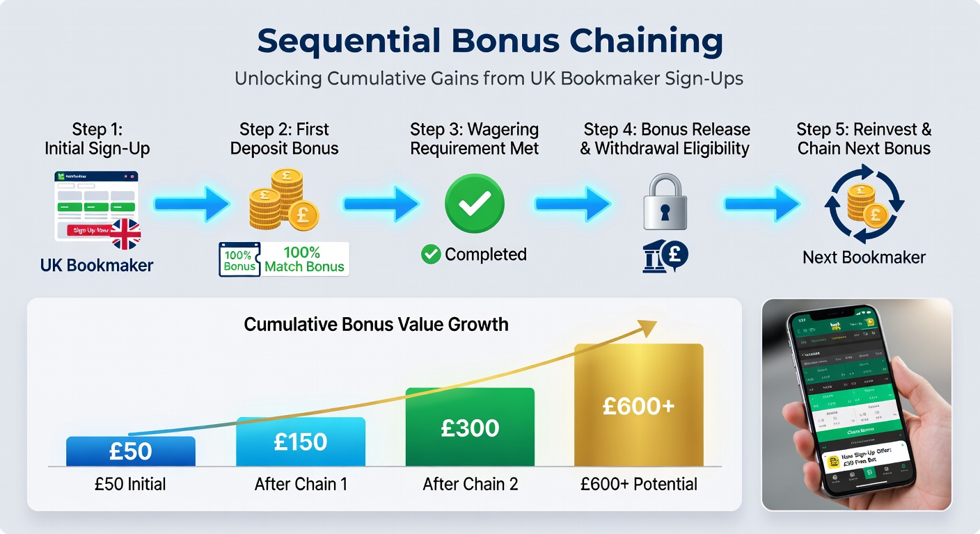 Infographic of popular UK bookmaker bonuses chained together, showing profit accumulation over a 12-step sequence